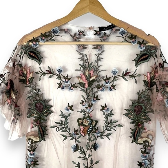 Zara Woman Embroidered Tulle Sheer Top Blouse, Blush Pink, Size XS - Picture 11 of 12